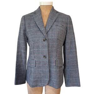 Lands' End Houndstooth Blue Brown Blazer Size 4 Petite 100% Wool Preppy EUC